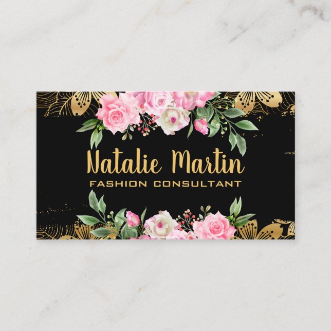 Tarjeta De Visita Flores rosas | Patrón floral dorado (Anverso)