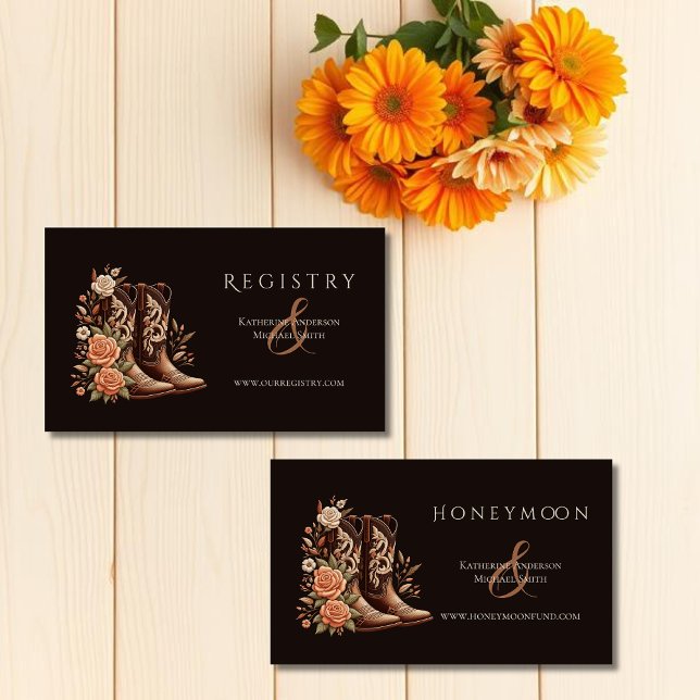 Tarjeta De Visita Flores rurales occidentales con boots de vaquero (Modern Elegant Country Western- Flowers with Cowboy Boots-Wedding Enclosure Cards-Registry and Honey)