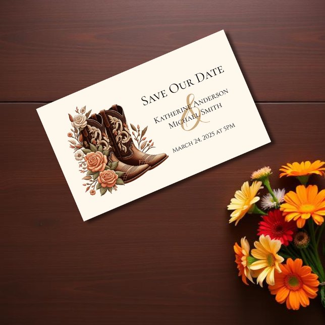 Tarjeta De Visita Flores rurales occidentales con boots de vaquero (Country Western Flowers with Cowboy Boots Save the Date)