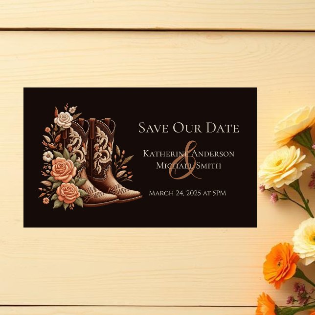 Tarjeta De Visita Flores rurales occidentales con boots de vaquero (Country Western Flowers with Cowboy Boots-Wedding Save the Date Cards)