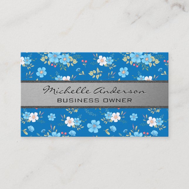 Tarjeta De Visita Flores salvajes Patrón floral azul blanco (Anverso)