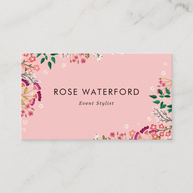 Tarjeta De Visita Flores Silvestres Boho Rosa Precioso (Anverso)