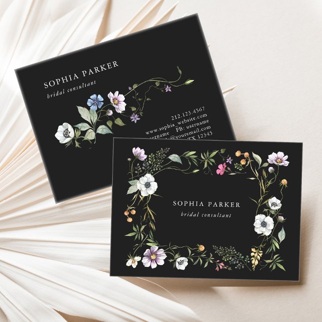 Tarjeta De Visita Flores silvestres botánicas oscuras | Girly y eleg (An elegant, wildflower filled business card)