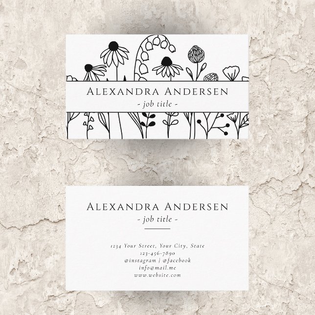 Tarjeta De Visita Flores silvestres de mano simple dibujadas con flo (Simple Hand Drawn Wildflowers Minimalist Floral Business Card)