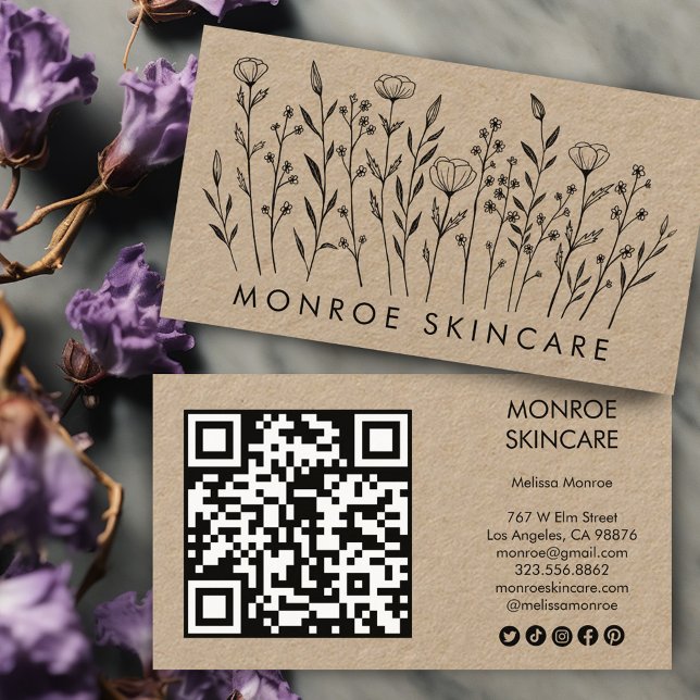 Tarjeta De Visita Flores silvestres Elegante Kraft Código QR Iconos  (Wildflowers Elegant Kraft QR Code Social Icons Business Card
)