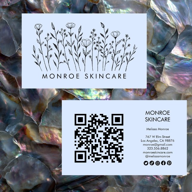 Tarjeta De Visita Flores silvestres línea elegante Art QR Código Ico (Wildflowers Elegant Line Art QR Code Social Icons Business Card
)