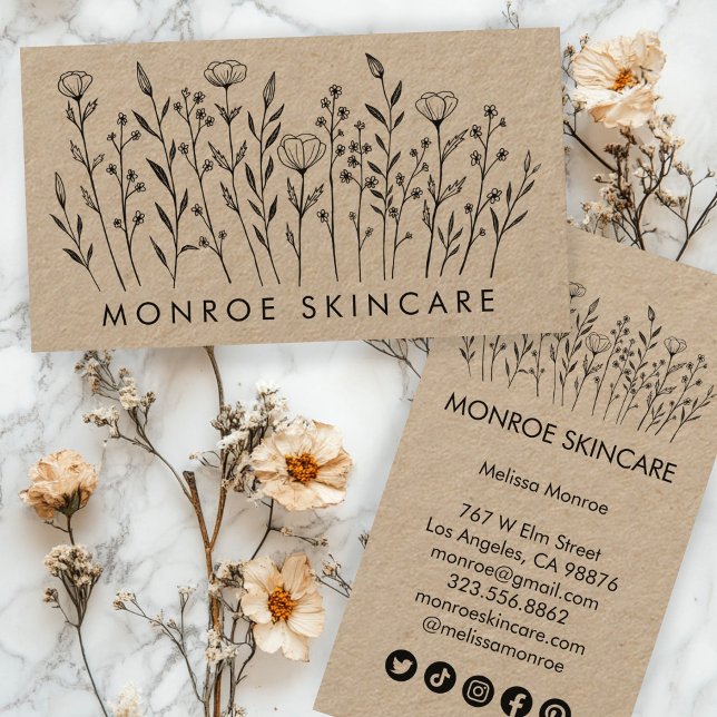 Tarjeta De Visita Flores silvestres Línea elegante Arte Kraft Iconos (Wildflowers Elegant Line Art Kraft Social Icons Business Card
)