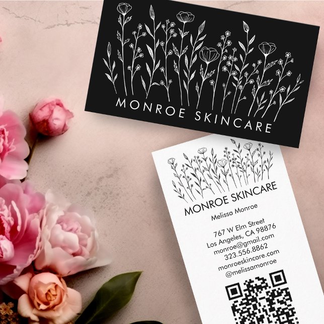 Tarjeta De Visita Flores silvestres Moda elegante línea de arte Pers (Wildflowers Elegant Line Art Chic Custom QR Code Business Card
)