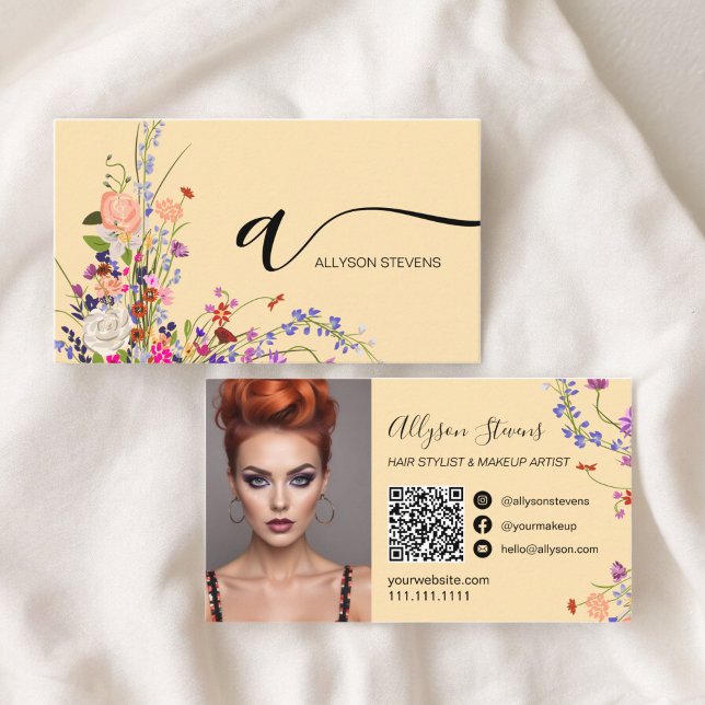 Tarjeta De Visita Flores silvestres moda maquillaje de pelo foto cód (Wildflowers chic hair makeup photo initial qr code business card on peach)