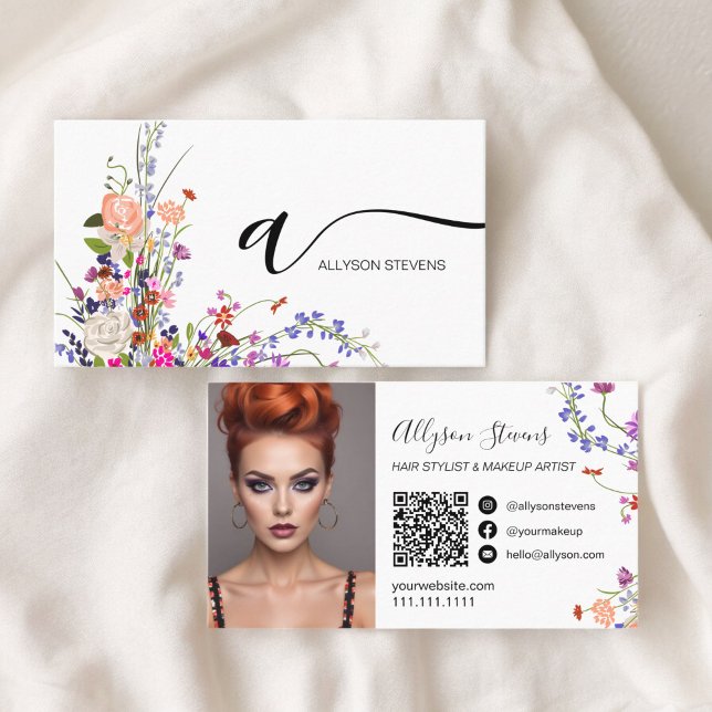 Tarjeta De Visita Flores silvestres moda maquillaje de pelo foto cód (Wildflowers chic hair makeup photo initial qr code business card)