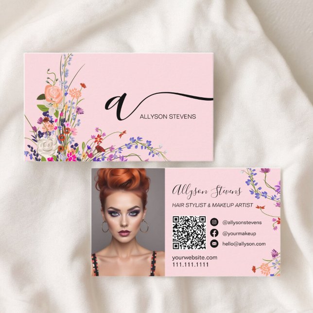 Tarjeta De Visita Flores silvestres moda maquillaje de pelo foto cód (Wildflowers chic hair makeup photo initial qr code business card)