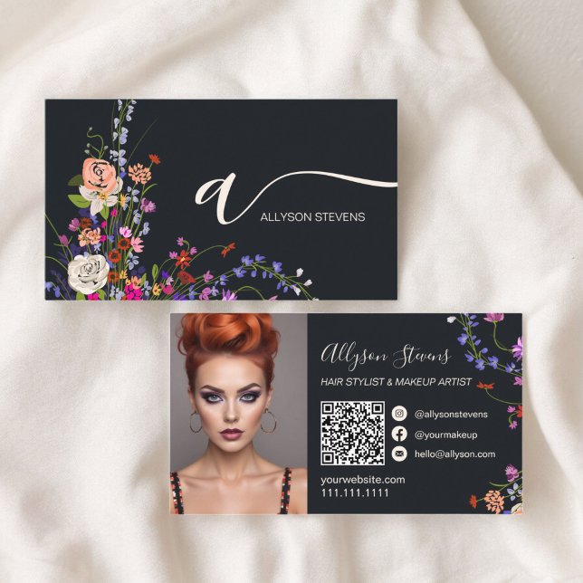 Tarjeta De Visita Flores silvestres moda maquillaje de pelo foto cód (Wildflowers chic hair makeup photo initial qr code business card on gray)