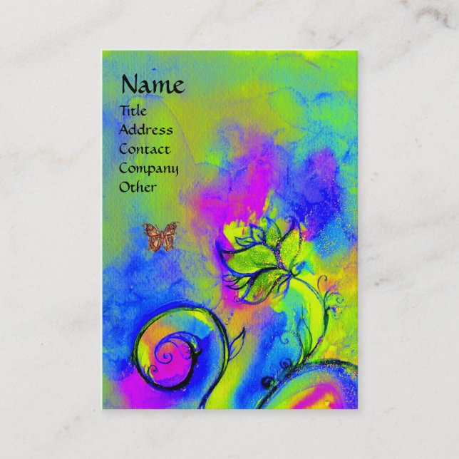 Tarjeta De Visita FLORES SIMILARES Y MARIPOSAS amarillo púrpura verd (Anverso)