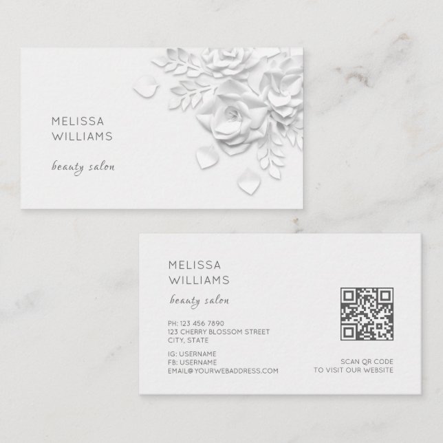 Tarjeta De Visita Flores Simples Blancas en 3D (Anverso / Reverso)
