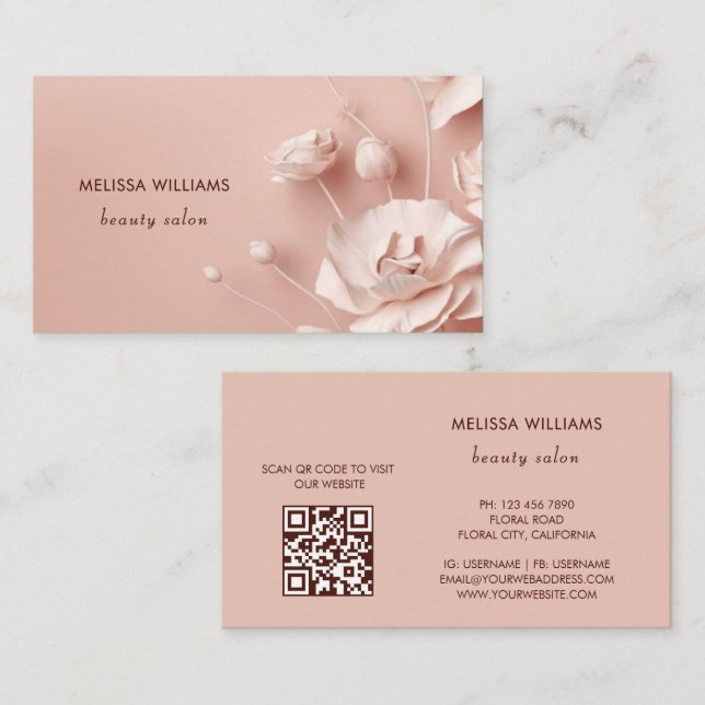 Tarjeta De Visita Flores simples en 3D rosadas (Anverso / Reverso)
