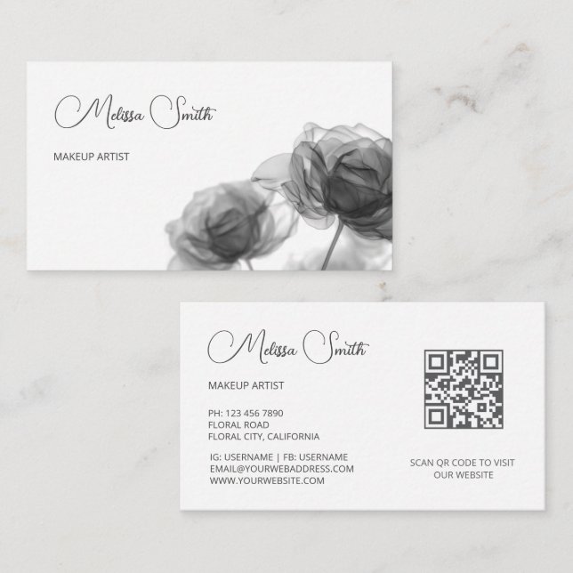 Tarjeta De Visita Flores transparentes en blanco y negro (Anverso / Reverso)