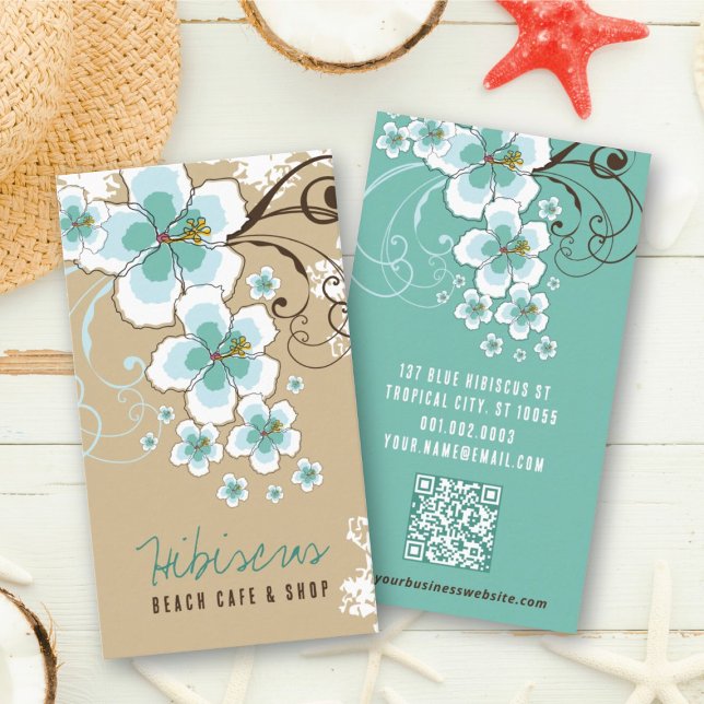 Tarjeta De Visita Flores Tropicales Azules Hibiscus Y Rústico Bañado (Tropical Blue Hibiscus Flowers And Swirls Rustic Business Card @ fatfatin_design)