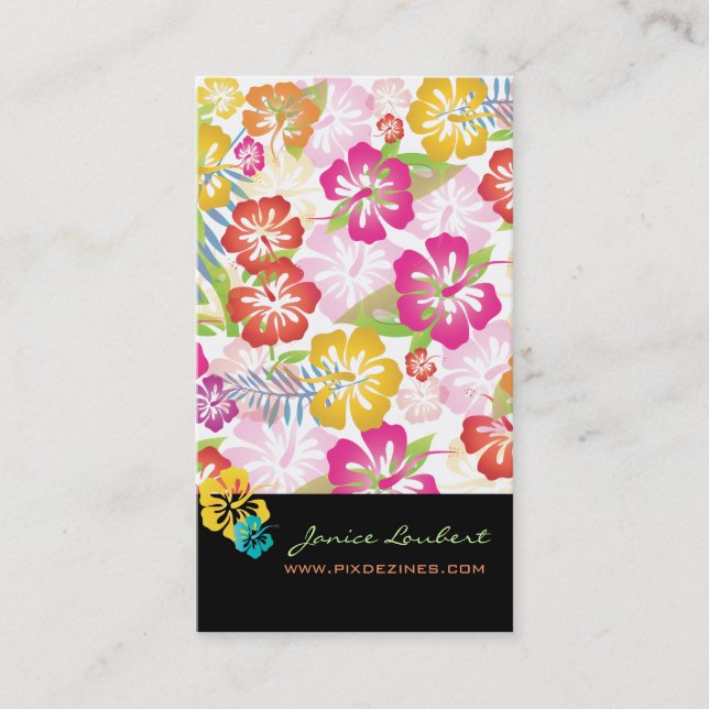 TARJETA DE VISITA FLORES TROPICALES NEGRADOS RETRO, HIBISCO (Anverso)
