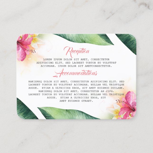 Tarjeta De Visita Flores tropicales y hojas de palmera boda playa (Anverso)
