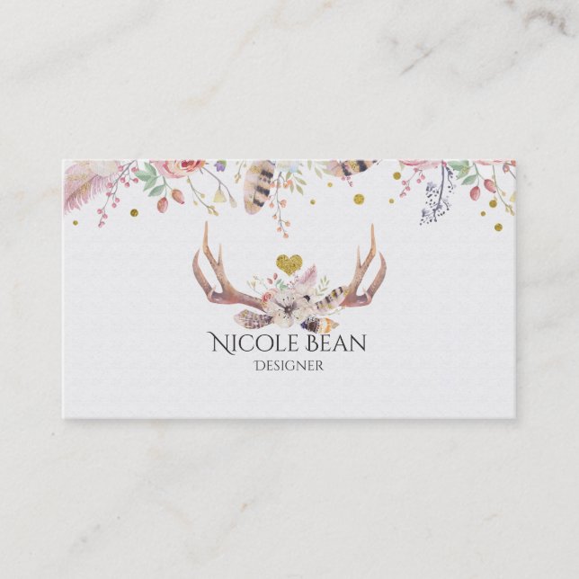 Tarjeta De Visita Flores y ancas de venado Boho Moda Glam (Anverso)