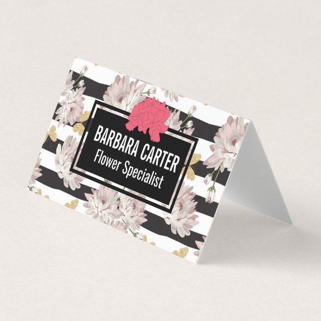 Tarjeta De Visita Flores y mariposas Purpurinas (Anverso)