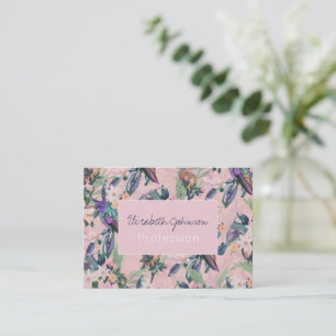 Tarjeta De Visita Flores y pájaros del jardín rosado botánico
