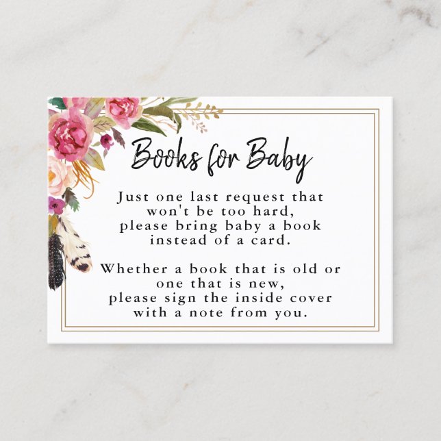 Tarjeta De Visita Flores y plumas Baby Shower Book Insert Card (Anverso)