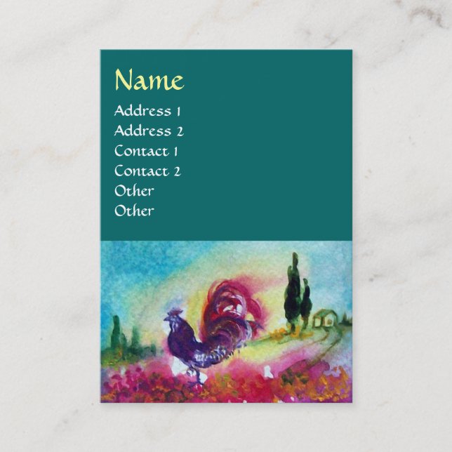 Tarjeta De Visita FLORES Y ROOSTER NEGRO, Verde Azul (Anverso)