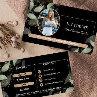 Tarjeta De Visita Florist Elegant Black & Gold Modern Floral Shop