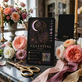 Tarjeta De Visita Florista Celestial de Lujo Negro Oro QR 