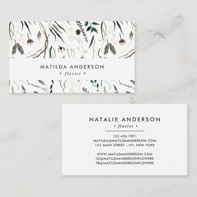 Tarjeta De Visita Floristería floral de acuarela silenciada elegante (Anverso / Reverso)
