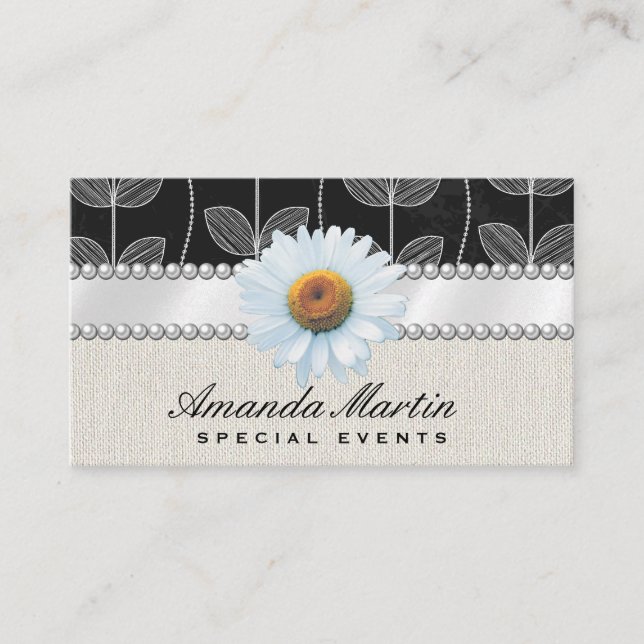 Tarjeta De Visita Flower Chalk Doodle | Flor blanca y Perlas Busi (Anverso)