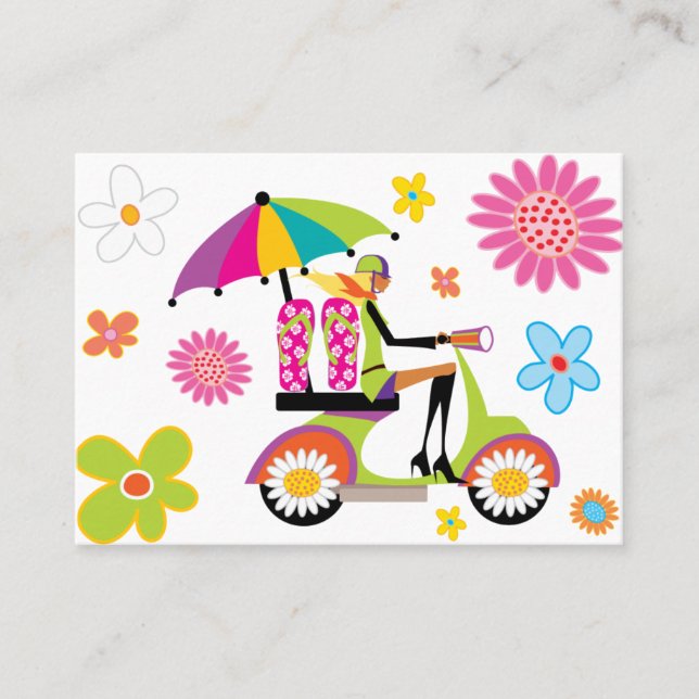 Tarjeta De Visita Flower Power Business Card Scooter Chica Flip Flop (Anverso)