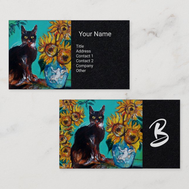 Tarjeta De Visita FLUJOS CON CAT IN BLUE Monograma Papel negro (Anverso / Reverso)