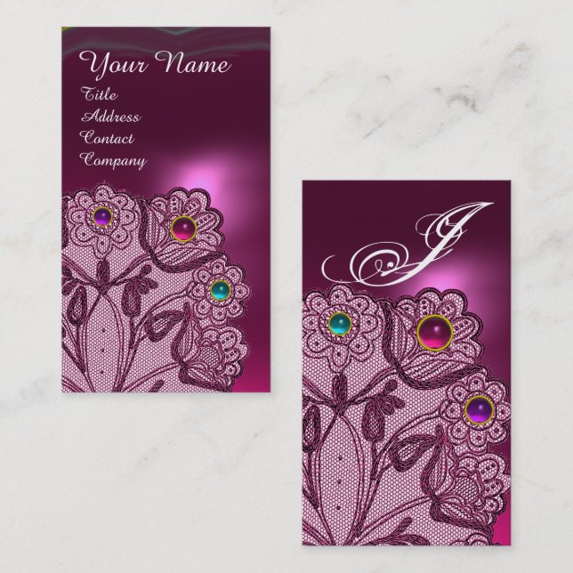 TARJETA DE VISITA FLUJOS DE LACE PÚRPURO ROSA, MONOGRAMA DE GEMAS CO (Anverso / Reverso)
