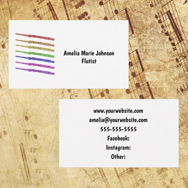 Tarjeta De Visita Flute Rainbow Personalize (A business card with a colorful flute design and text you can personalize!)