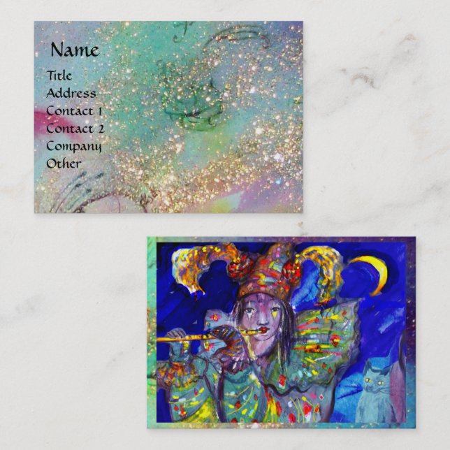 Tarjeta De Visita FLUTISTA EN AZUL / Noche de Carnaval veneciana (Anverso / Reverso)