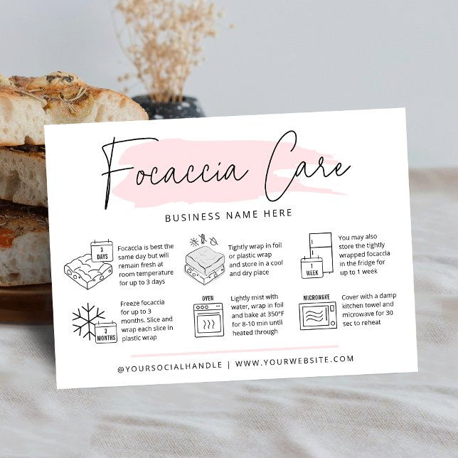 Tarjeta De Visita Focaccia Instrucciones de Atención Médica Pan De A (Modern focaccia care cards with icons, modern script font and pink watercolor and your logo)