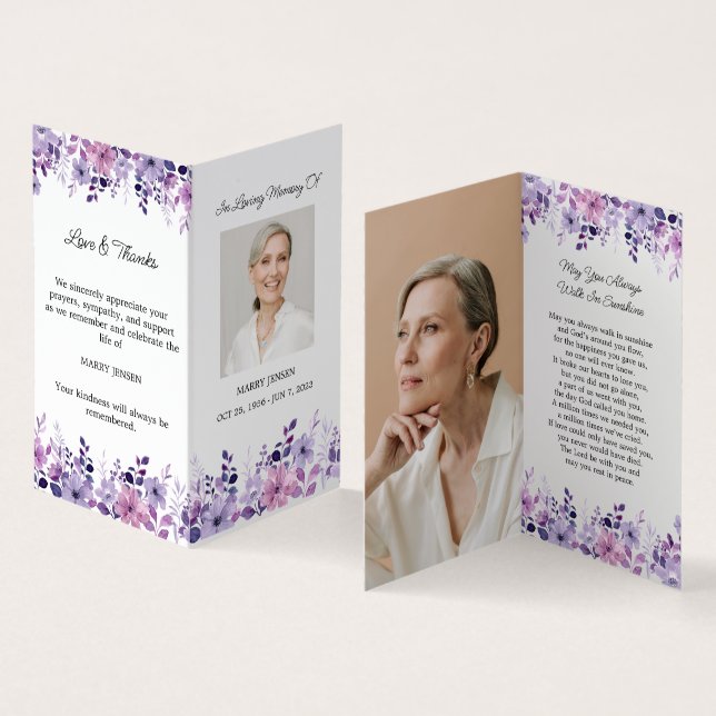 Tarjeta De Visita Folded Purple Flower Photo Funeral Prayer Card (Interior y exterior)