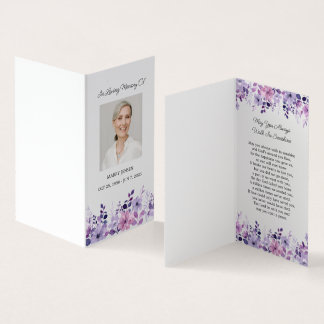 Tarjeta De Visita Folded Purple Flower Photo Funeral Prayer Card