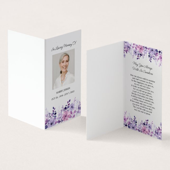 Tarjeta De Visita Folded Purple Flower Photo Funeral Prayer Card (Interior y exterior)