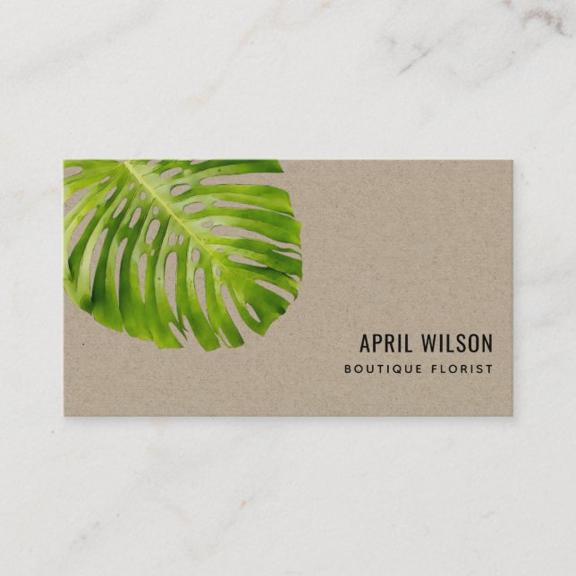TARJETA DE VISITA FOLIAGE KRAFT WATERCOLOR VERDE MONSTERA LEAF (Anverso)