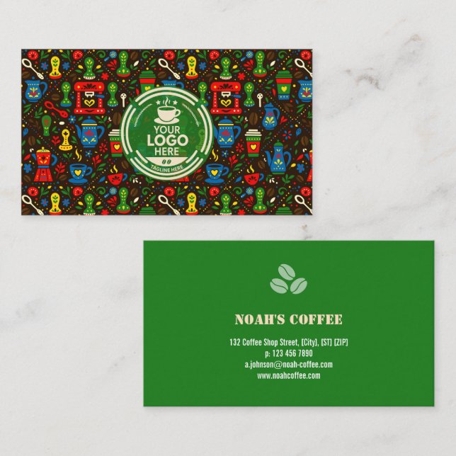 Tarjeta De Visita Folk coffee logo badge with green contact back (Anverso / Reverso)