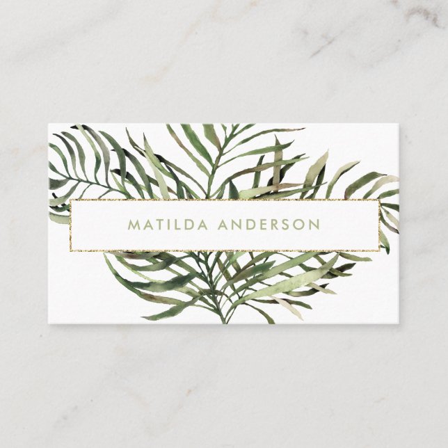 Tarjeta De Visita Follaje botánico acuarela y detalles dorados (Anverso)