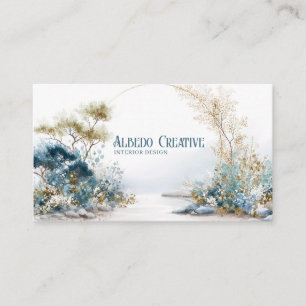 Tarjeta De Visita Follaje de acuarela Blue Gold Paisaje sereno