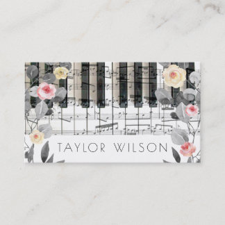 Tarjeta De Visita follaje gris y rosas pianista profesor de música