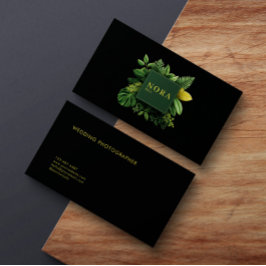 Tarjeta De Visita Follaje verde exuberante Marco negro dorado Botáni
