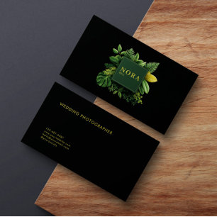 Tarjeta De Visita Follaje verde exuberante Marco negro dorado Botáni
