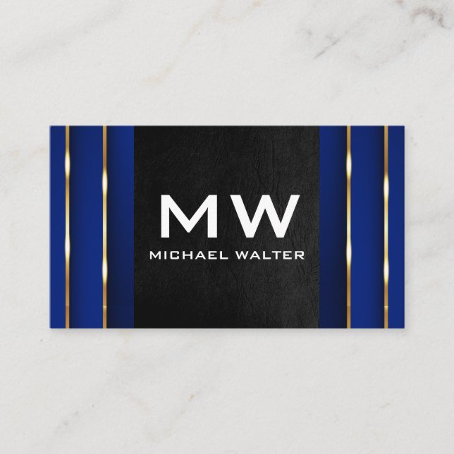 Tarjeta De Visita Fondo azul de oro de lujo | Cuero negro (Anverso)