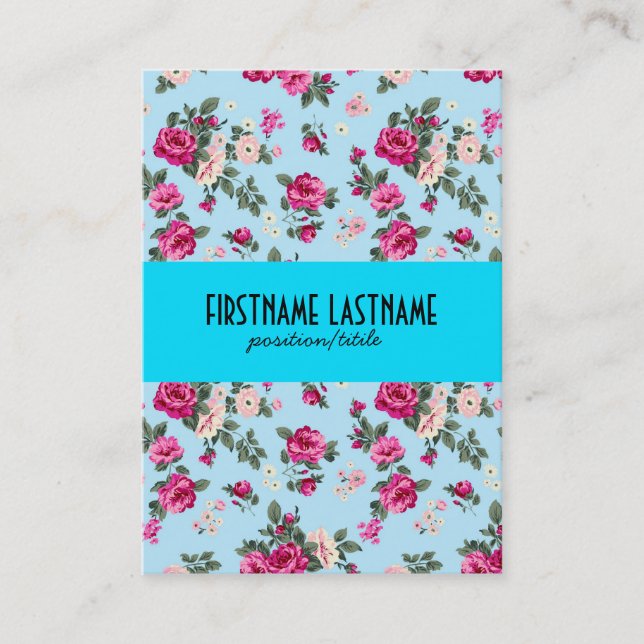 Tarjeta De Visita Fondo azul de rosas rosa (Anverso)
